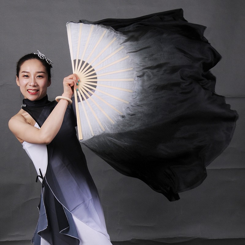 水墨扇子古典民族舞蹈扇加长秧歌跳舞扇孤月杳然黑白色扇子 三维工匠 黑色倒染-骨36厘米飘50厘米右高清大图