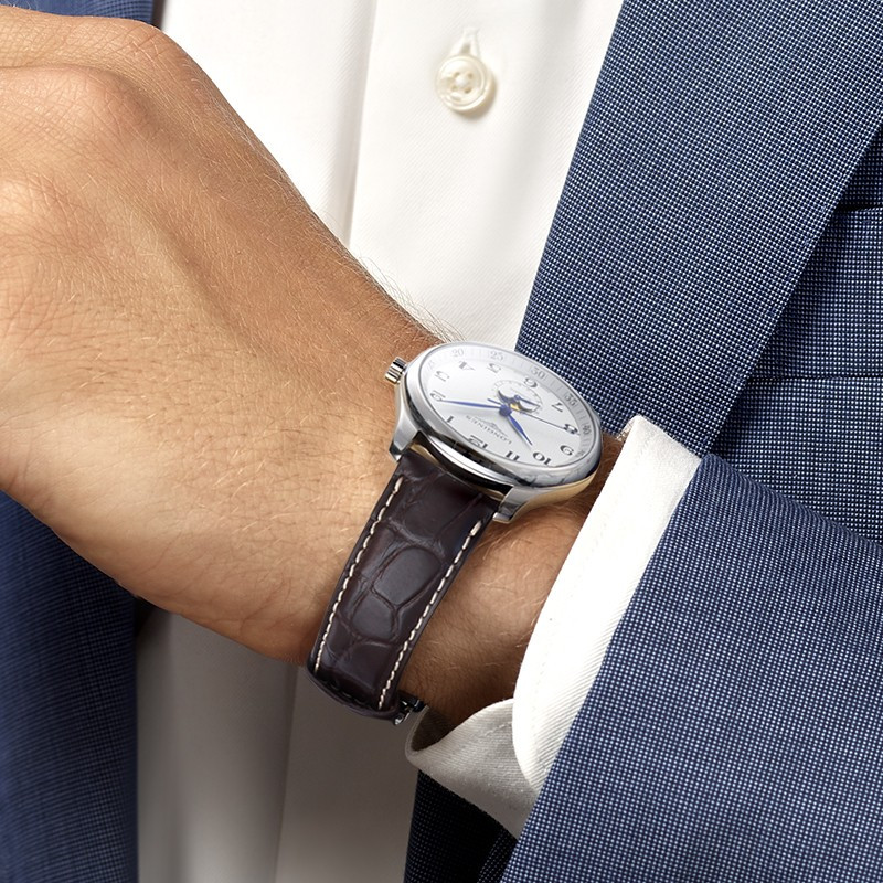 浪琴longines瑞士手表master名匠系列多功能月相小蓝针复古皮带机械表