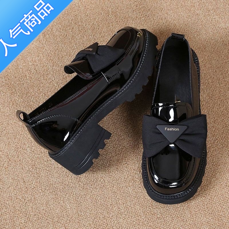SUNTEK软皮单鞋女厚底2023夏季新款一脚蹬乐福鞋女蝴蝶结漆皮鞋女英伦风高清大图