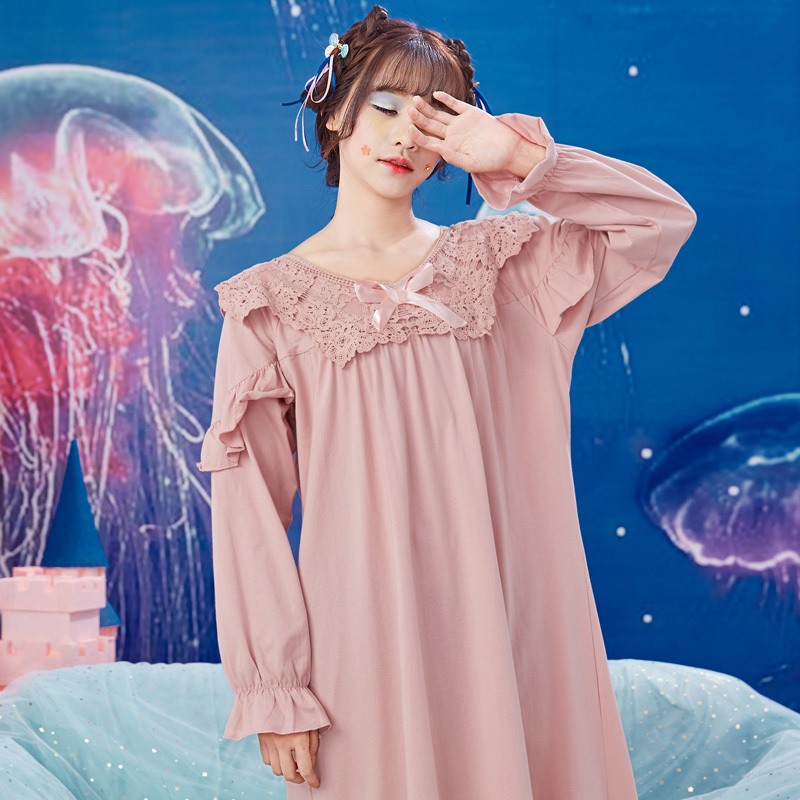 茜靓睡裙女春秋季长袖甜美纯棉韩版公主家居服可爱大码长款很仙的睡衣女夏