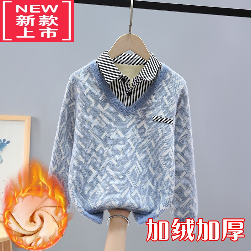 可莉允男童毛衣假两件秋冬款中大童针织衫加绒加厚儿童10男孩12岁