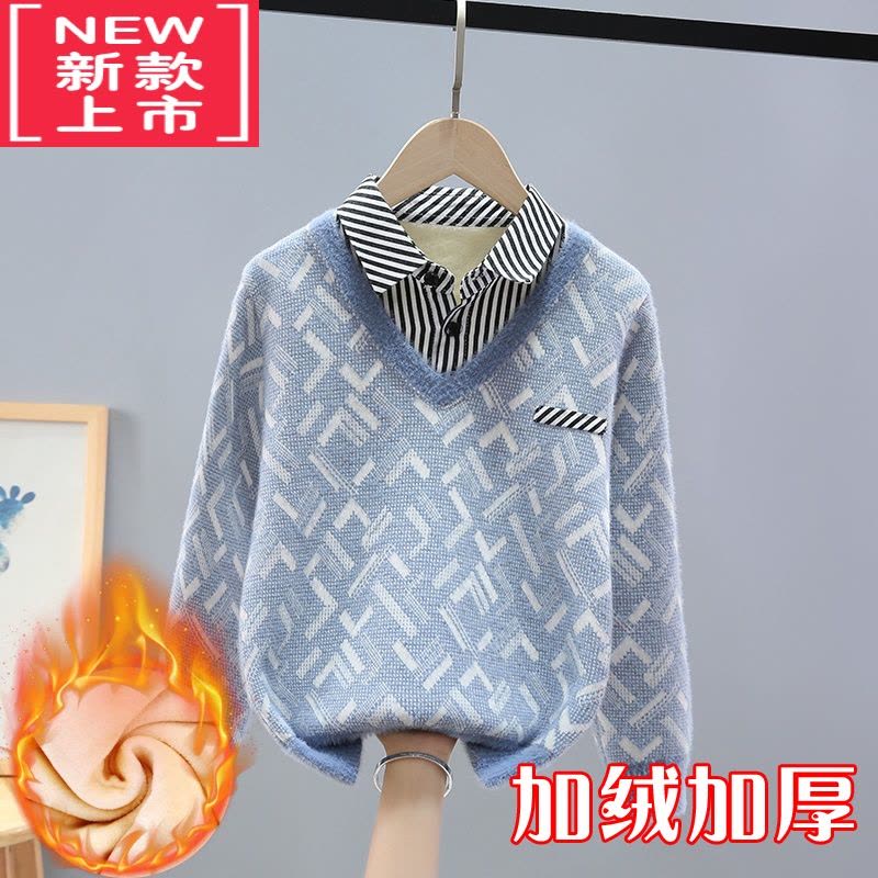 可莉允男童毛衣假两件秋冬款中大童针织衫加绒加厚儿童10男孩12岁图片