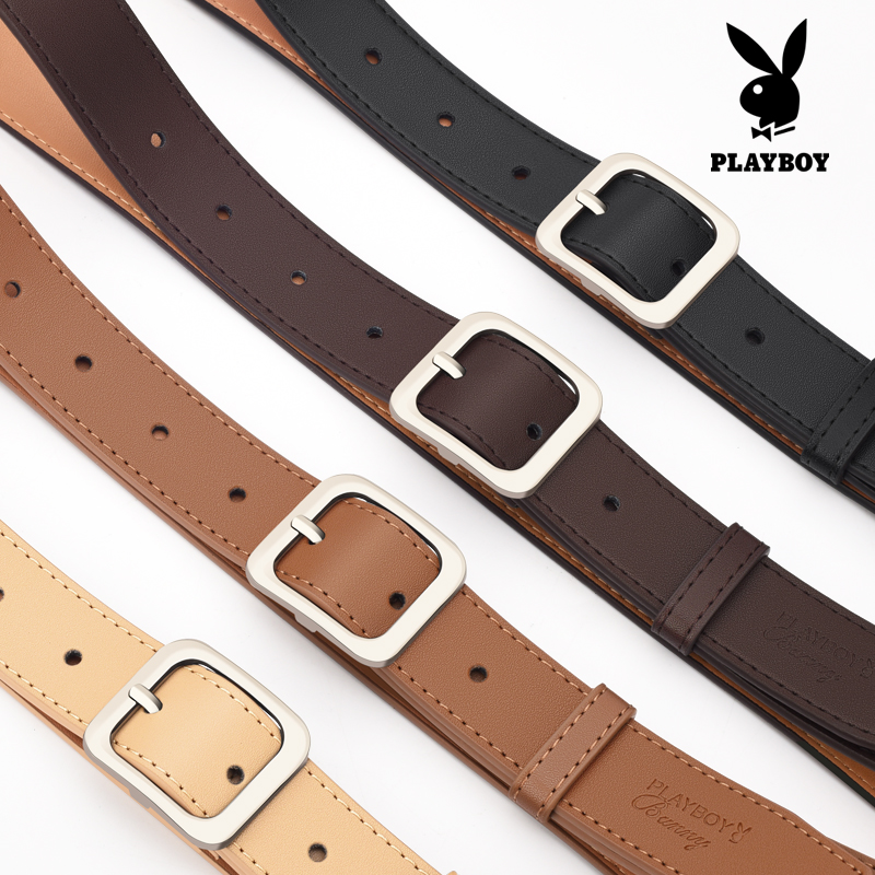 花花公子女士皮带百搭裤腰带真皮装饰牛仔裤带方扣细黑色时尚韩版高清大图