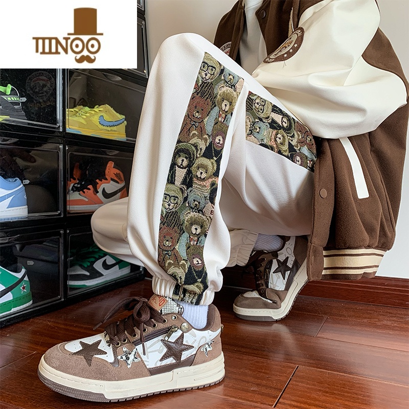 YANXU束脚卫裤男秋季国风潮牌小熊刺绣大码宽松潮流百搭休闲长裤子高清大图