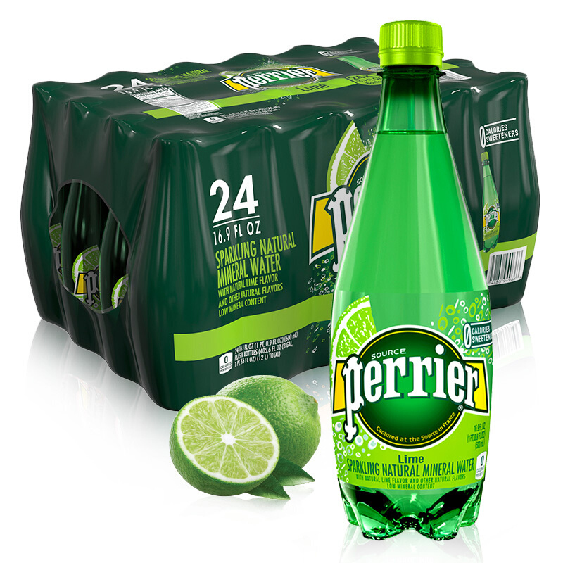 巴黎水(Perrier)天然气泡矿泉水(青柠味)塑料瓶装 500ml*24瓶/箱 矿物质水进口饮用水 法国进口