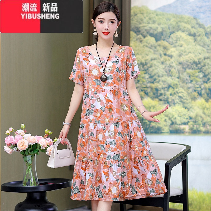 YIBUSHENG棉绸连衣裙女季大码时尚年轻妈妈装气质甜美孕妇碎花中装妈气裙 3XL建议130-145斤 216#6号