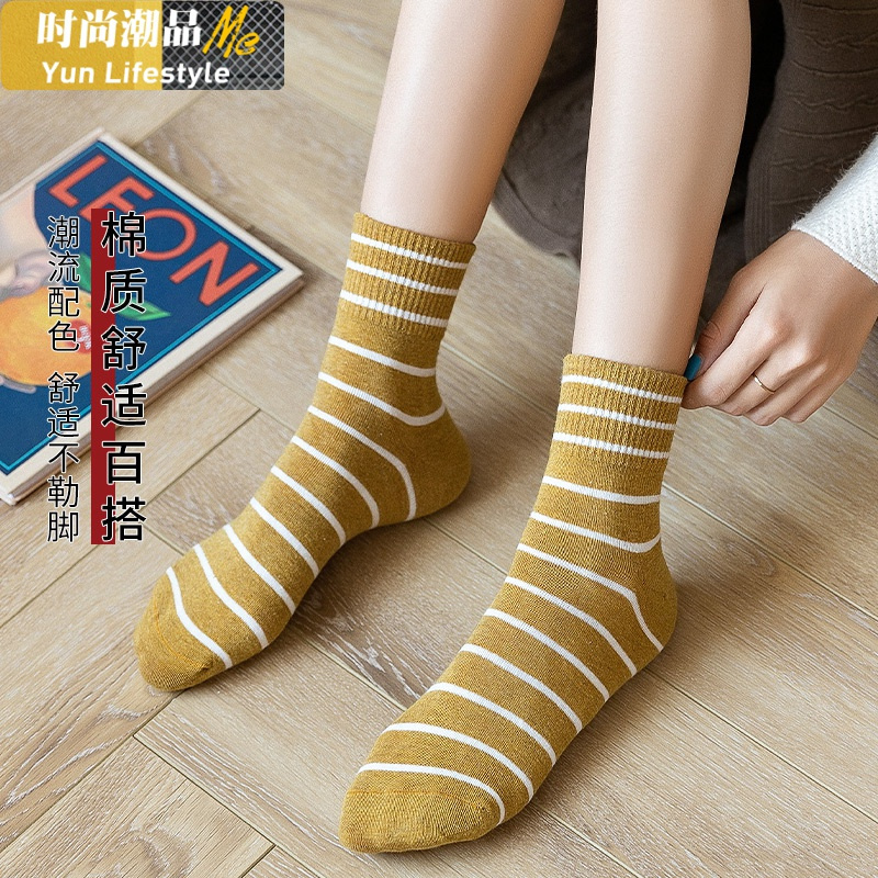 YUNWUXIN袜子女中筒袜棉袜日系夏天条纹运动长袜夏季薄款秋冬中长款短筒袜袜子