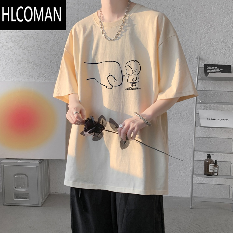 HLCOMAN青少年短袖t恤男夏季胖子大码宽松半袖oversize港风圆领体恤