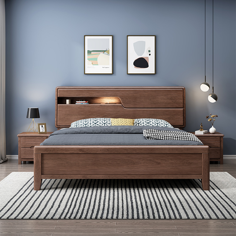 锐取 床 新中式胡桃木实木床1.8米双人床现代简约1.