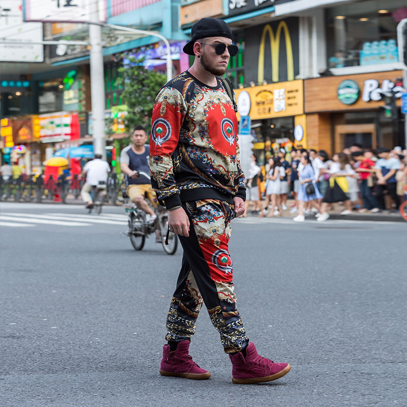 印花男士大码男装加肥加大套头休闲运动卫衣套装男图片色