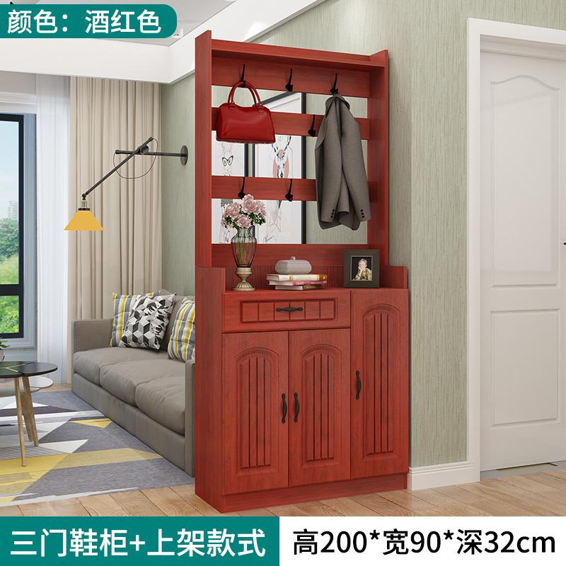 简易鞋柜家用口大容量特价收纳玄关厅一体柜实木质多层经济型_1_558 三门带上架酒红色【破损】组装