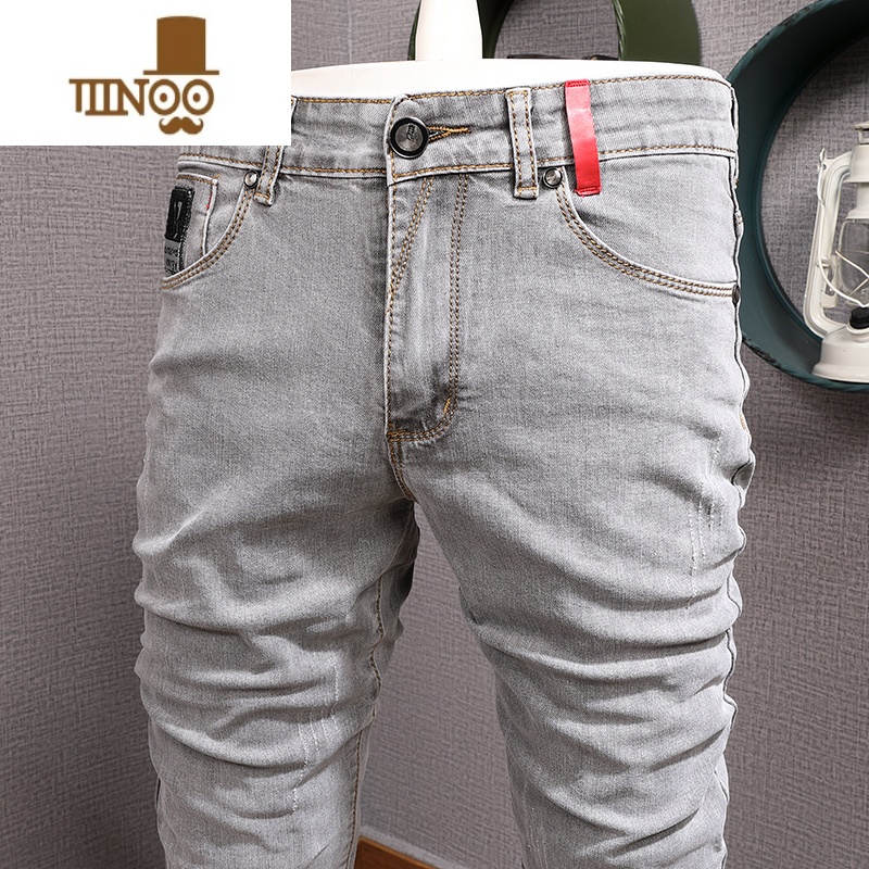 YANXU2023年夏季薄款韩版猫抓灰色修身小脚休闲牛仔裤男士水洗裤仔年韩高清大图