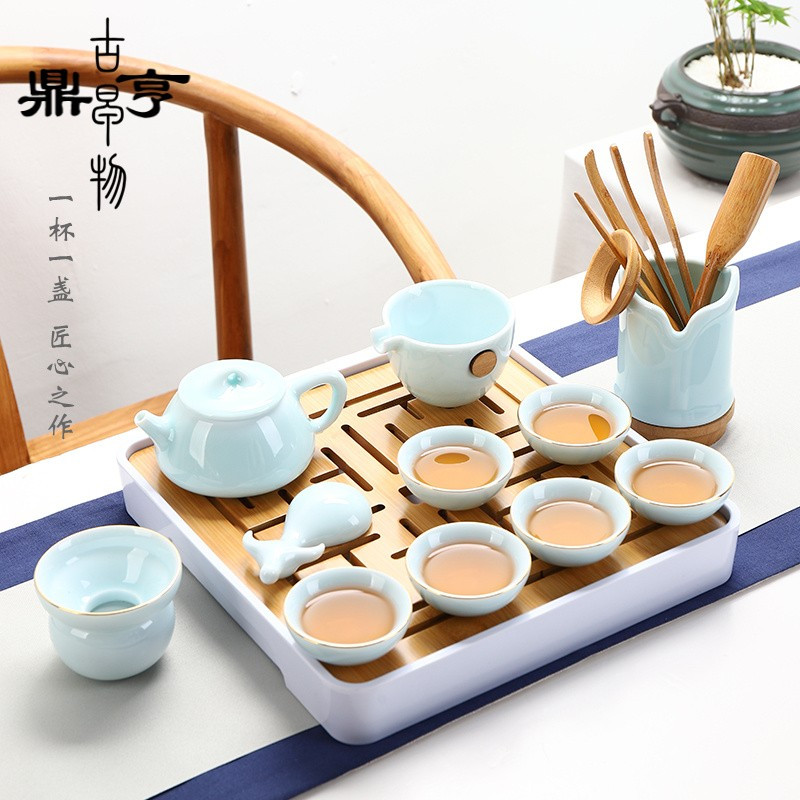 鼎亨影青瓷功夫茶具套装家用整套白瓷简约办公泡茶盖碗陶瓷喝茶杯