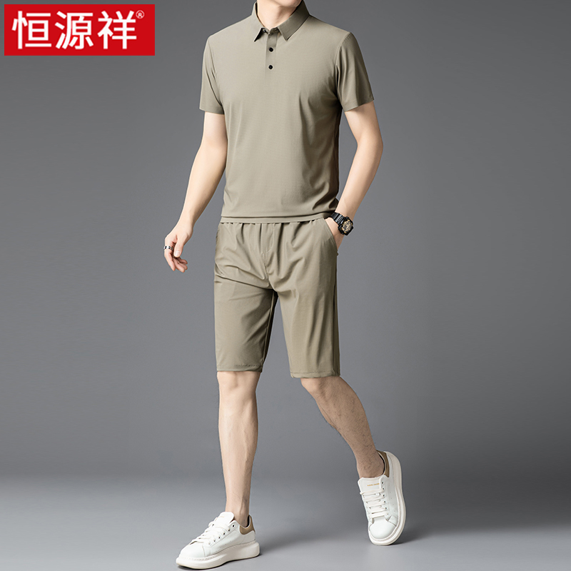恒源祥男士跑步运动套装夏季2025新款休闲中年短袖T恤短裤t两件套高清大图