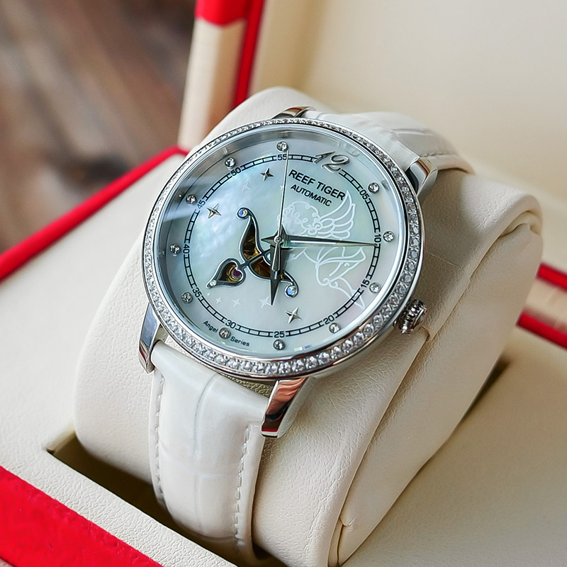 瑞夫泰格(REEF TIGER)女士手表全自动机械表女表时尚防水镂空潮流镶钻时装表丘比特系列GRA1550 银白白面白皮