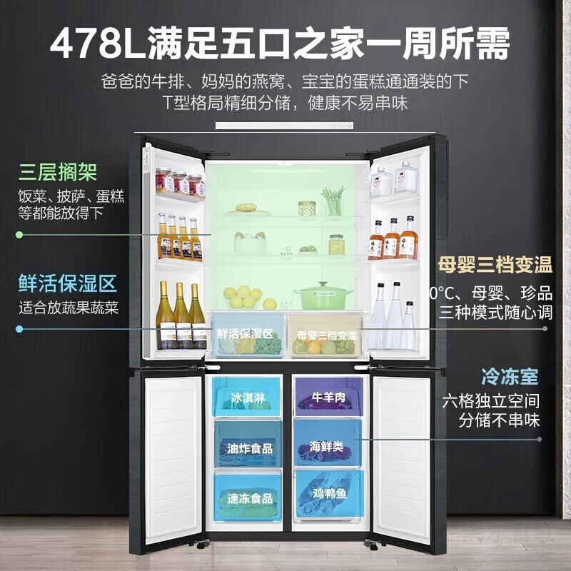 [旗舰款]海尔鲜派478升冰箱一级能效双变频风冷无霜十字对开门双开门干湿分储四开门家用超薄大容量智能电冰箱 以旧换新