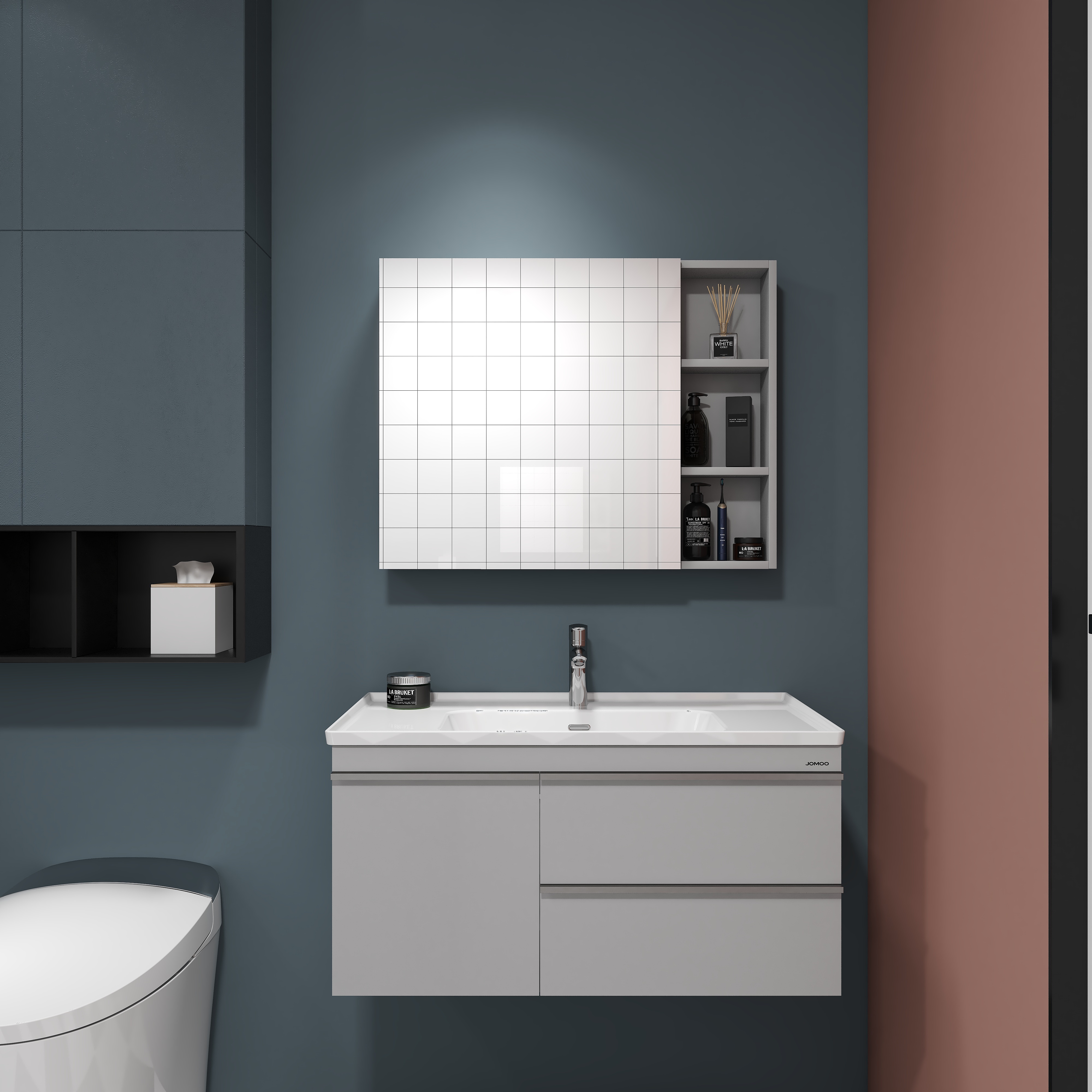 九牧jomoo浴室柜组合悬挂式简奢现代工业风收纳双门双抽卫生间一体