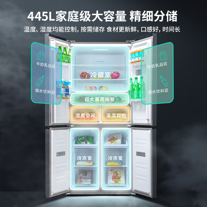 新飞445L超薄平嵌一级变频全空间除菌支持鸿蒙智联十字门电冰箱BCD-445WKQ8AT魅影灰