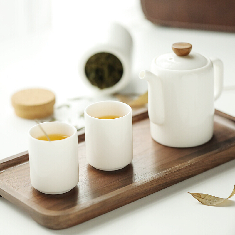 博为 白瓷茶具套装实木茶盘功夫茶具简约德化玉瓷泡茶壶茶杯 润系列长方旅行套组7头
