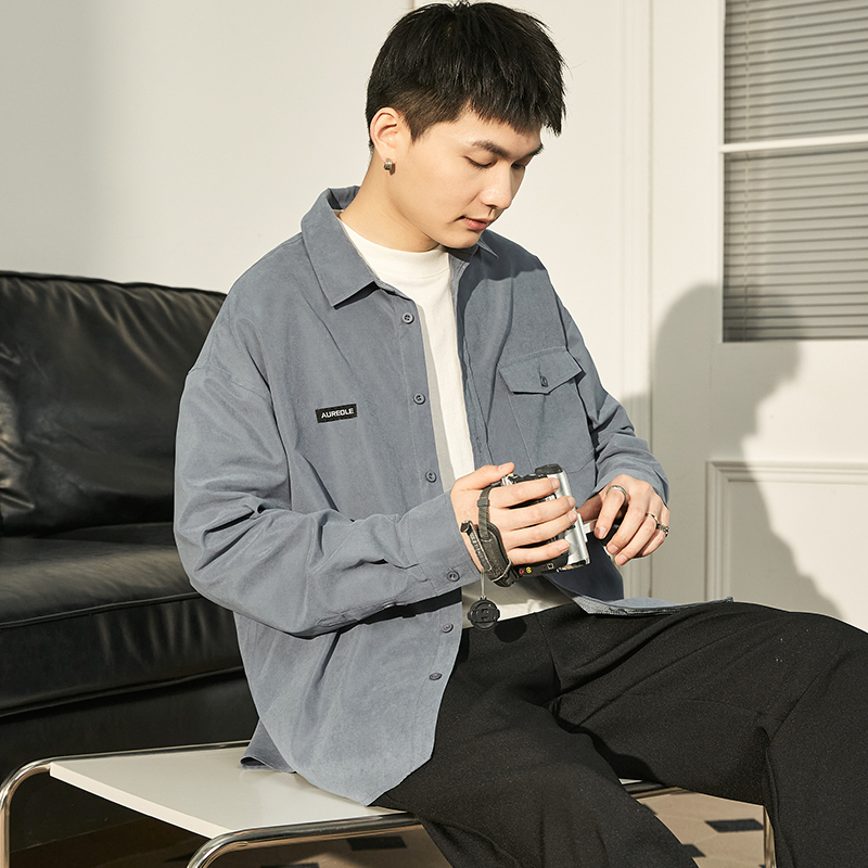 【1.5折价57元】唐狮秋季新款纯色衬衫男长袖桃皮绒高级感外套休闲内搭衬衣男
