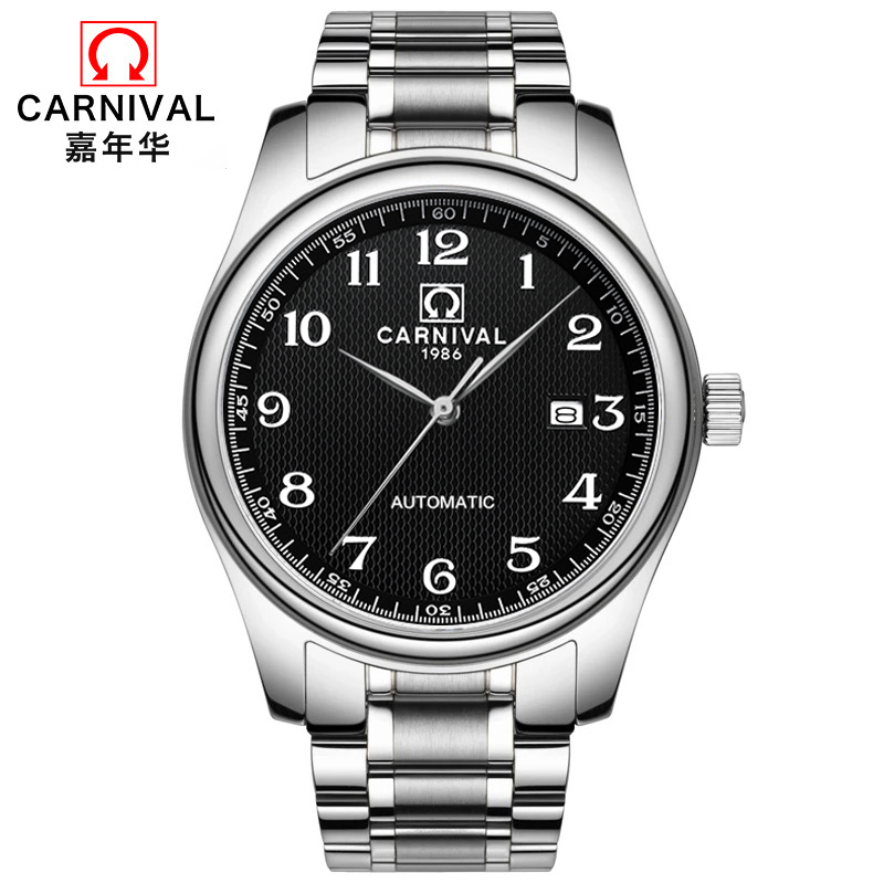 瑞士嘉年华CARNIVAL手表 复古男士全自动机械表 男日历防水大三针手表休闲商务男表 精钢金属数字腕表8828G机械表高清大图