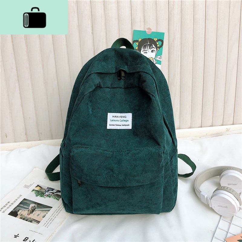 书包女ins风韩版高中大学生简约森系百搭灯芯绒双肩包大容量背包NEWLAKE 墨绿色【不带挂件】