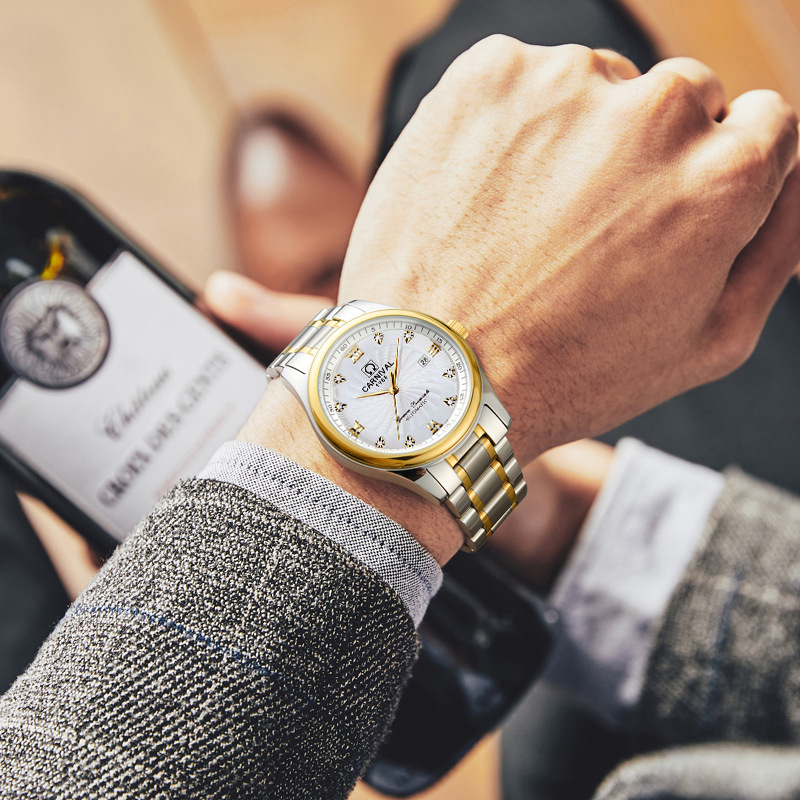 瑞士嘉年华CARNIVAL手表 名匠商务系列男士全自动机械表 男日历防水大三针背透带时尚商务男表腕表8828G水钻款精钢高清大图