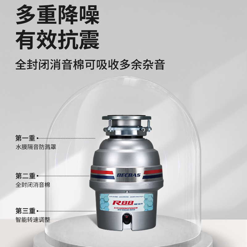 [新品]贝克巴斯垃圾处理器R88 食物垃圾处理器 家用厨房厨余垃圾粉碎机处理机 家用粉碎机可接洗碗机高清大图