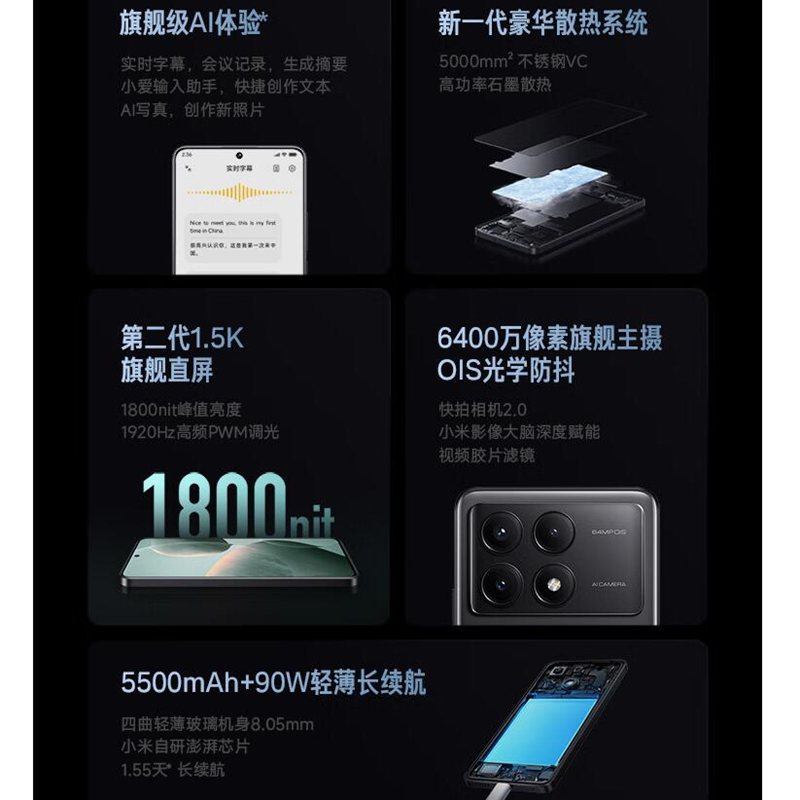 [原封]小米Redmi K70E 墨羽 12GB+256GB 天玑8300-Ultra 5G芯 小米澎湃OS 90W有线快充 二代1.5K直屏 5G智能手机 K70高清大图
