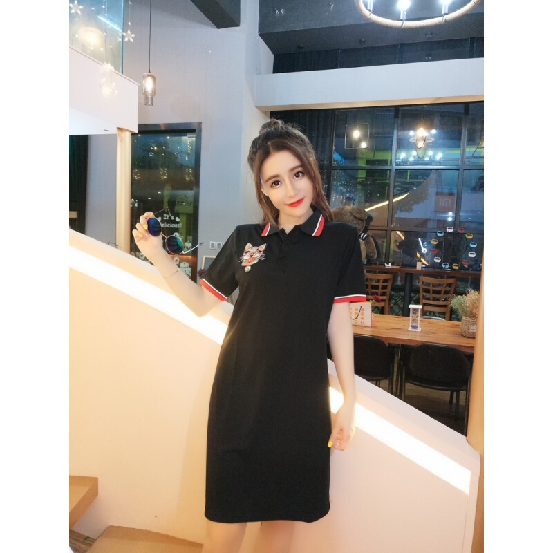 夏装2018新款女韩版衬衣领小清新修身显瘦狗铃铛刺绣中长款T恤潮