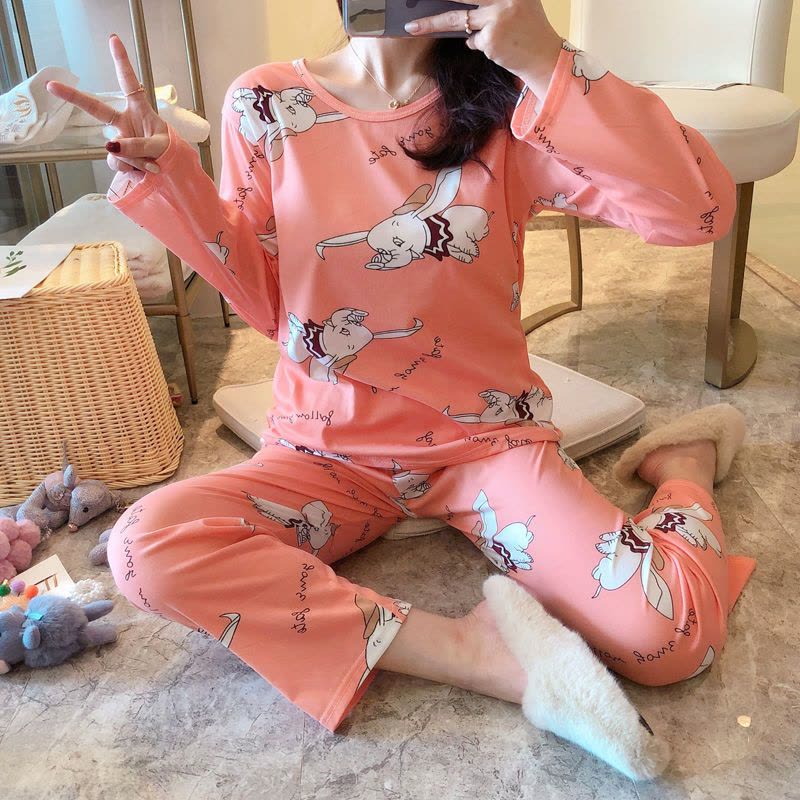 睡衣女长袖春秋款学生韩版可爱薄款宽松大码睡衣女冬季套装家居服图片