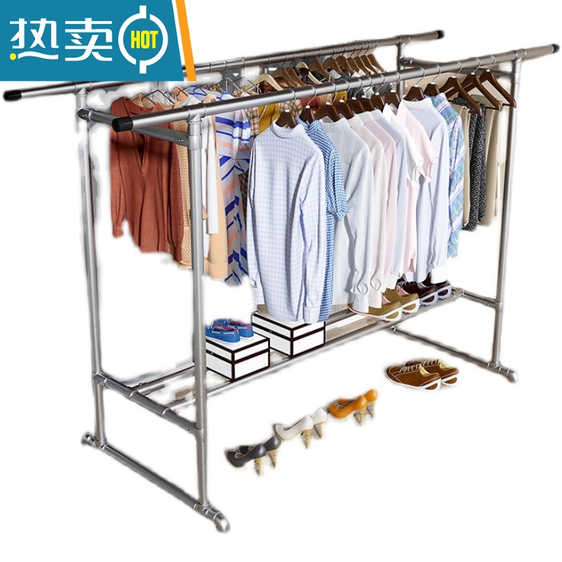 敬平钢管晾衣架落地户外阳台卧室单杠式挂衣服加厚家用简易晒被凉衣杆 双杆双层1.8*1.6加厚特固高清大图