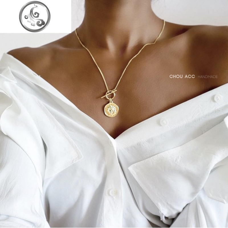 通体S925纯银INS简约复古浮人像金币硬币CHIC锁骨项链毛衣链女 JiMi高清大图