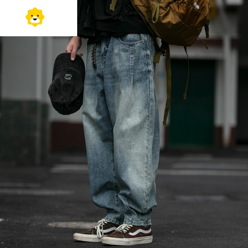 fish basket美式复古工装牛仔裤男季宽松直筒锥形裤水洗做旧阔腿哈伦