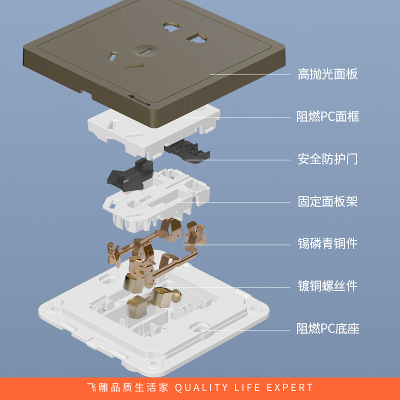 飞雕(FEIDIAO)开关插座 86型家用暗装超大面板PC支架 品意系列家用插座16A空调插 品意灰16A三孔插