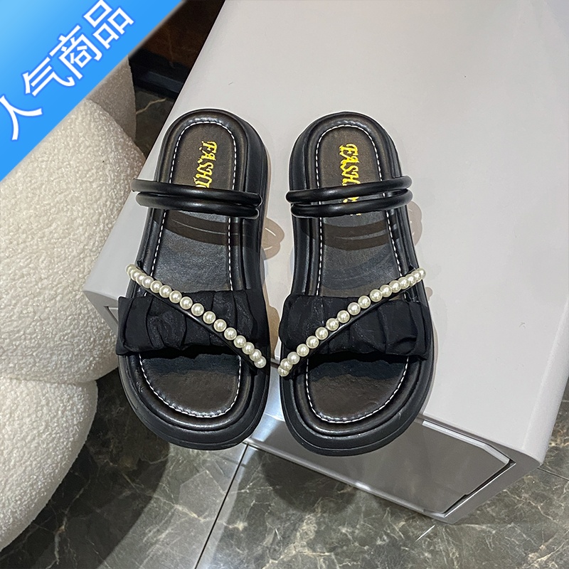 SUNTEK网红拖鞋外穿ins潮2023年夏季新款珍珠仙女风两穿厚底小香风凉鞋 黑色 37