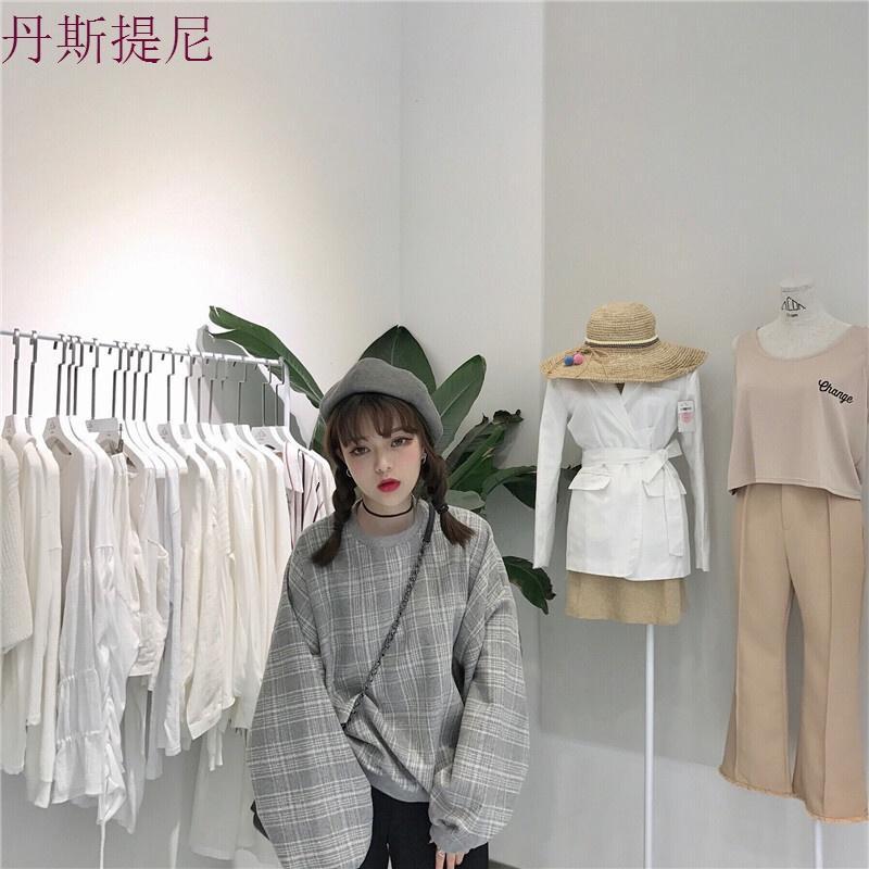 原宿风宽松bf上衣复古格子长袖套头卫衣女韩版潮学生灰格子均码