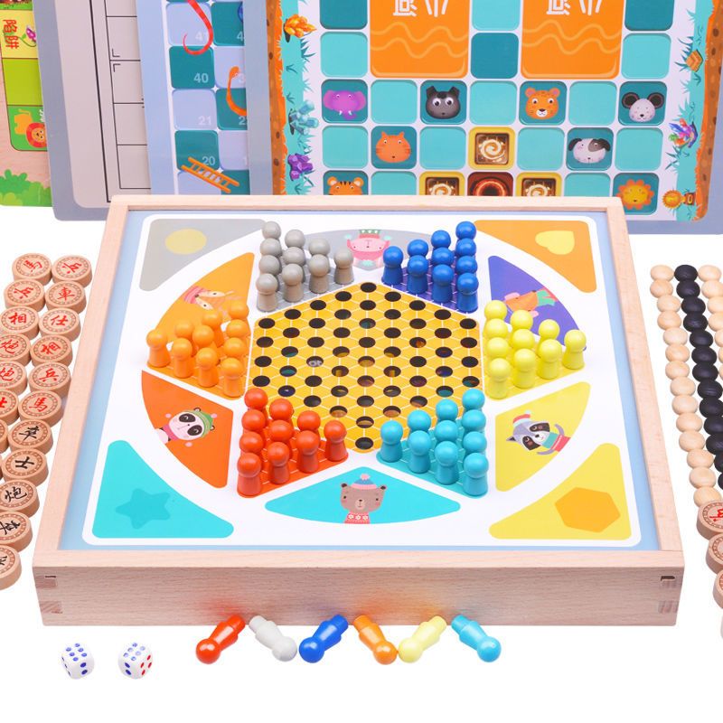 飞行棋跳棋五子棋儿童棋类学生象棋围棋棋盘成人亲子桌面游戏|二合一木盒[五子棋+飞行棋]
