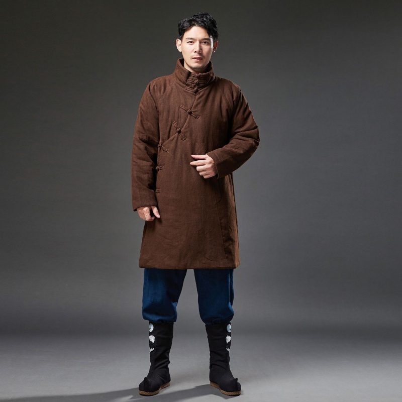 舒适民族服装时尚都市中青年棉袄 秋季时尚潮流苎麻上衣 咖啡 XL