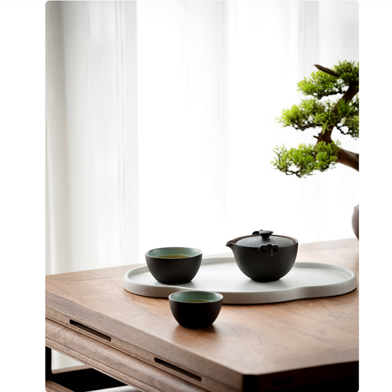 万仟堂旅行茶具 陶瓷茶具快客杯便携旅行一壶2杯户外茶具称心如意黑铁釉