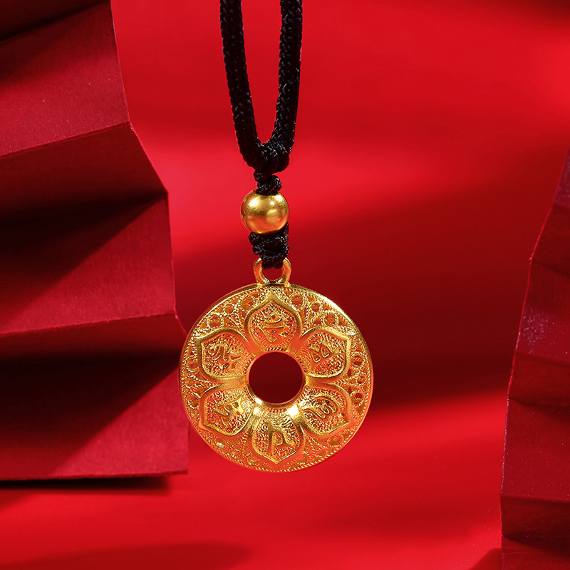 新金珠宝古法金六字吊坠真言六字大明咒足金挂坠黄金平安扣项坠1042