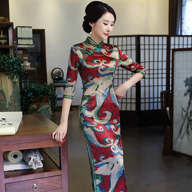 复古改良真丝旗袍长款春妈妈装端庄大气优雅修身演出旗袍大码显瘦