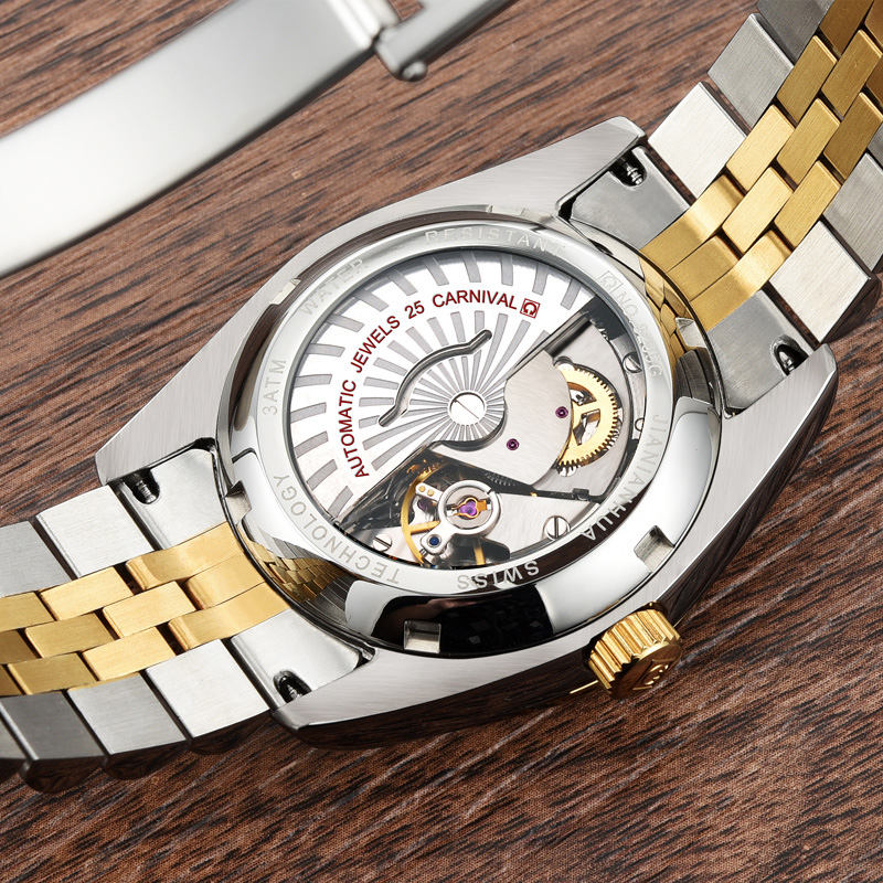 嘉年华CARNIVAL瑞士品牌男士手表 全自动机械表 男商务时尚精钢男式腕表防水间金土豪金表精钢金属沉稳8205宝格系列高清大图