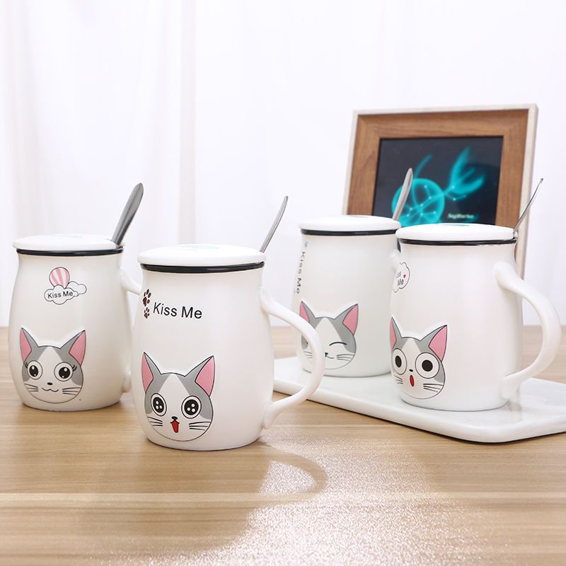 起司猫-A款(带盖带勺) 400ml简约家用陶瓷杯起司猫带盖水杯咖啡杯马克杯创意情侣杯带勺