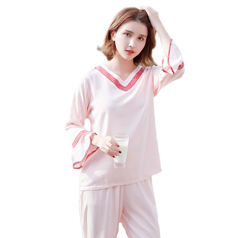 波迷娜(BOMINA)女式睡衣套装春夏款2021睡衣儿童夏季新款人棉长袖套装V领薄款棉绸两套睡衣服