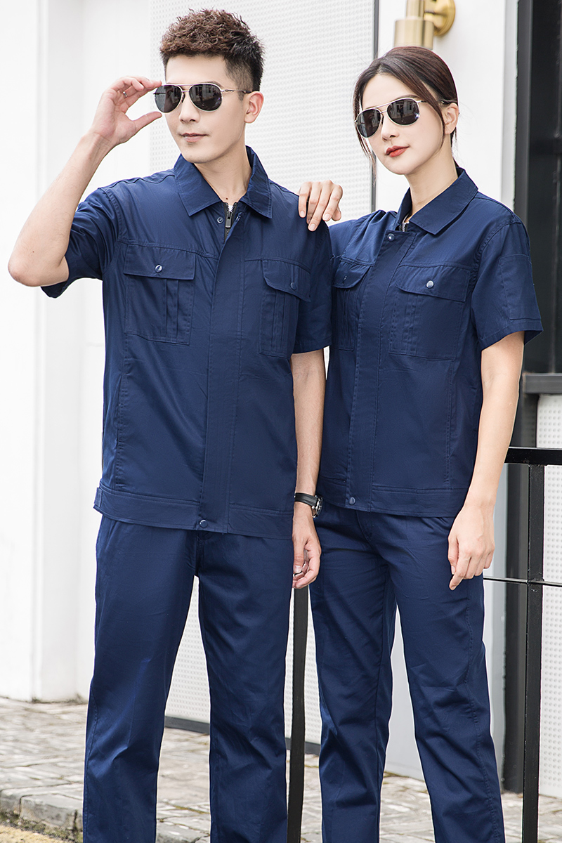 天鸣 纯色100%纯棉夏季短袖工作服套装+三色可选 藏蓝色