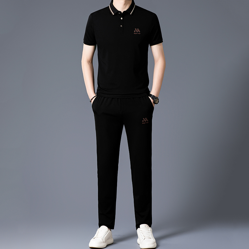 恒源祥高端桑蚕丝男士休闲运动套装男款短袖冰丝翻领搭配气质夏装 5088款黑色 165/M适合体重90-120斤