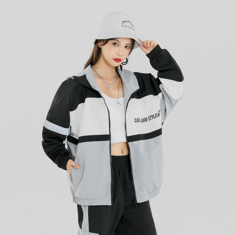 Manloric外套女2022春季潮流宽松连帽时尚拼色运动夹克ins休闲学生上衣潮85222