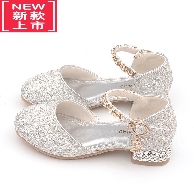 可莉允女童高跟鞋公主儿童包头凉鞋宝石皮鞋配纱裙白色软底小孩子水晶鞋运动休闲鞋图片