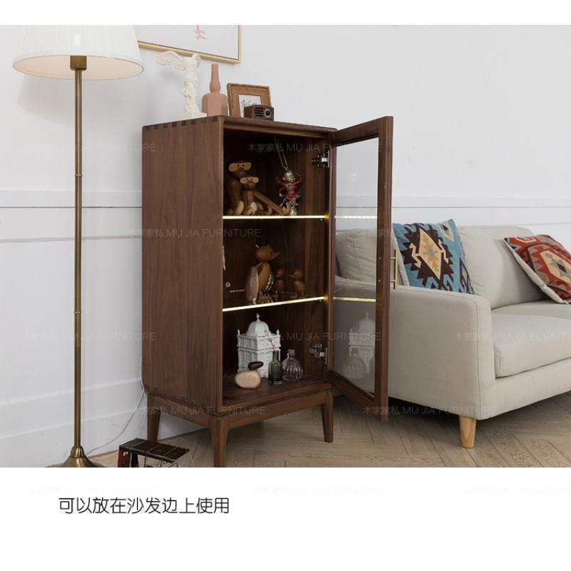 森美人胡桃木边柜带灯玻璃展示柜黑胡桃木电视柜边柜客厅沙发边柜木蜡油高清大图